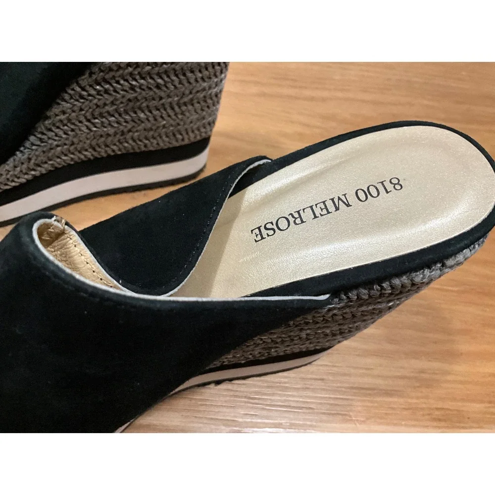 8100 Melrose Black Suede Wedge Sandals Platform Mules Made in Spain 39